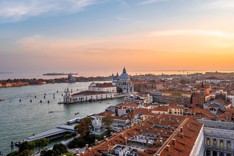 Basilica di Santa Maria della Salute on the Grand Canal at sunset, view from the Campanile di San