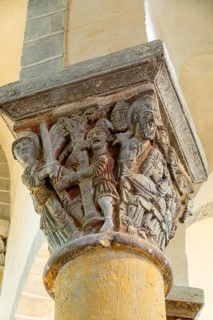 Capital of romanesque church of Saint Nectaire, Ranuflo donor, Puy de Dome, Auvergne Rhone Alpes,