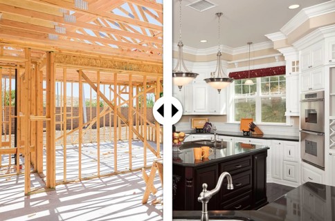 Before and after slider comparing wood framing construction and completed custom kitchen