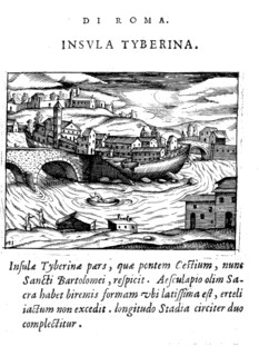 L' Isola Tiberiana, The Tiber Island is a small island in the river Tiber in Rome, Italy,