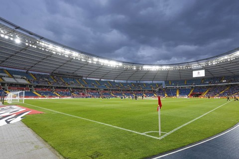 CHORZOW, POLAND - JUNE 6, 2025: Friendly match Poland - Moldova 2:0. Aerial view at the Superauto