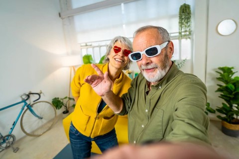 Modern senior couple taking a selfie while having fun together wearing fun sunglasses and dancing