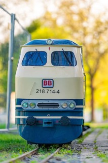 A nostalgic railway model in front of a background of green trees, Nagold, Black Forest, Germany