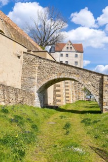 Castle, arched bridge with retaining wall, Nossen, Saxony, Germany