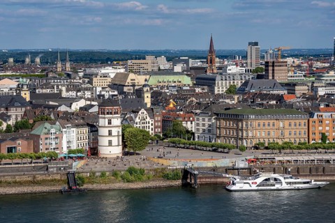 Skyline of Düsseldorf, banks of the old town on the Rhine, view over the houses on the old town