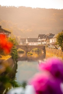 Historic bridge at sunrise, Wildberg, Black Forest, Germany