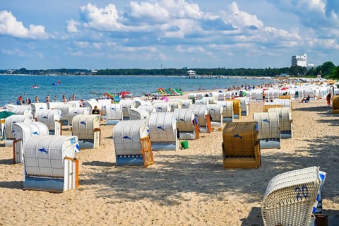 Beach between Maritim pier and Seeschlösschenbrücke in Timmendorfer Strand, Schleswig-Holstein,