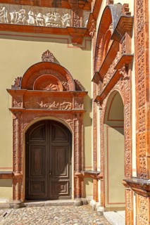 Door decorated with reliefs, Fürstenhof, Wismar, Mecklenburg-Western Pomerania, Germany