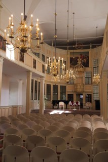 Interior view of the castle church with chandelier and seating, church, castle, Bad Homburg,