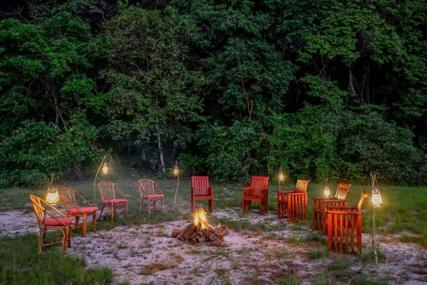 Chairs by the fire, Loango Lodge, Loango National Park, Parc National de Loango, Ogooué-Maritime