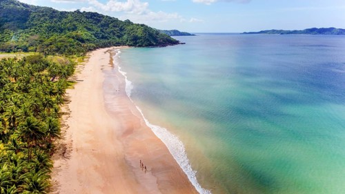 Aerial view of a serene beach with a lush green backdrop in the Philippines. With unrecognizable