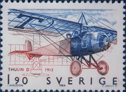 The Thulin airplane, built in 1915 in Landskrona, Sweden, Picture on a Swedish postage stamp