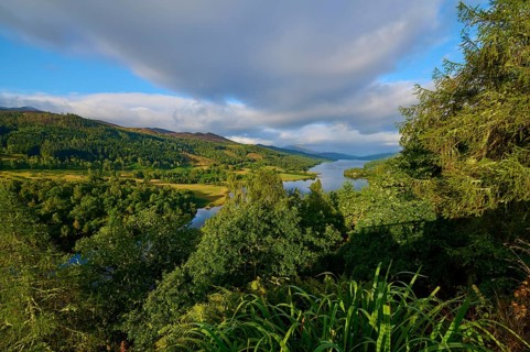 View of a vast river landscape through a dense canopy of leaves, Queens View, Fincastle, Pitlochry,