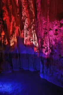 Stalactites illuminated by coloured LED light, stalactite cave, Höllgrotten, Baar, Canton Zug,