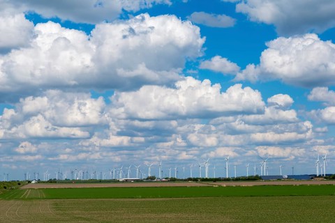 Wind turbines in the Reußenköge Bürgerwindpark, North Frisia, clean energy, power generation,