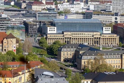 View of Stuttgart city centre. Charlottenplatz, Schlossplatz, New Palace, Königsbau. Stuttgart,