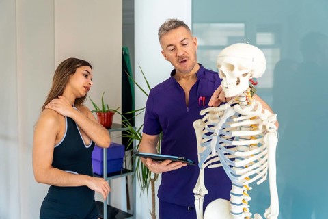 Physiotherapist pointing to a skeleton model, explaining anatomical details to a young female
