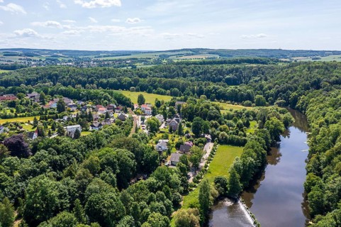 Aerial view of Zschopau Valley and town view of Braunsdorf, Niederwiesa, Saxony, Germany