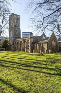 Ruins of Temple Church, Church of the Holy Cross, bombed in 1940, Redcliffe, Bristol, England, UK