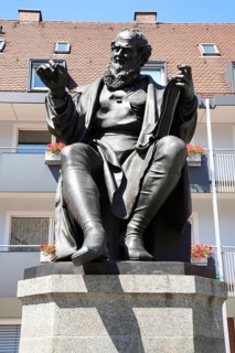 Hans Sachs Monument on Nuremberg's Hans Sachs Square, Nuremberg, Middle Franconia, Bavaria, Germany
