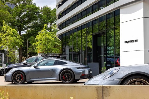 Porsche logo. Porsche Center Stuttgart. Stuttgart, Baden-Württemberg, Germany