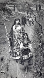 Palm Sunday in Abruzzo, people come out of church in solemn dress, 1895, Italy, illustration,