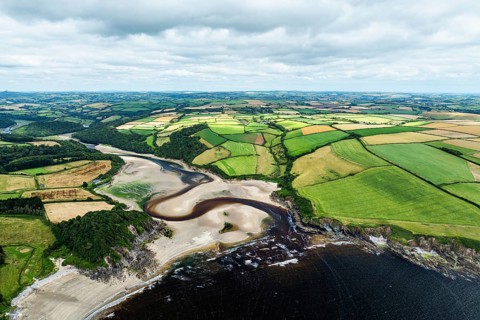 Cliffs over Mothecombe Beach and Red Cove from a drone, River Emme, Mothecombe, Plymouth, South
