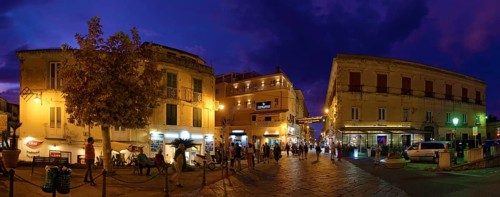 Panorama of Villa ghirlanda with the historic centre of Tropea at sunset in the blue hour, Tropea,