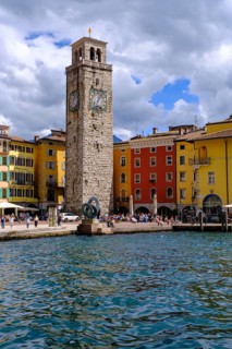 Torre Apponale and house facade in Piazza Novembre, Riva del Garda, Lake Garda, Trentino,