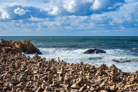Picturesque coastal landscape full of stone men, near Hovs Hallar, a nature reserve near Bastad,