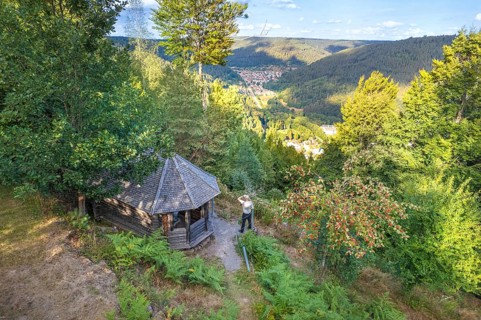 Forest hut on a hill with views of the valley below, Bad Wildbad, Black Forest, Germany