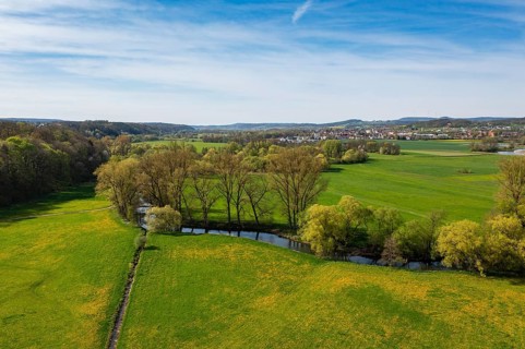 Wet meadows at the confluence or source of the Main, Main valley, Melkendorf near Kulmbach, aerial