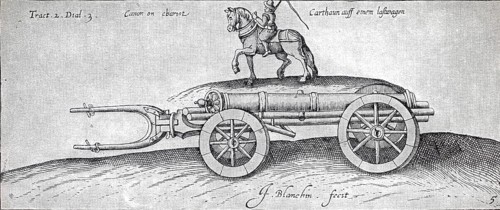 Gun, karthaune, which was loaded onto a four-wheeled chassis for transport. A soldier rides a horse