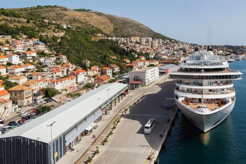 High angle view of docked Seabourn Encore cruise ship and terminal in port of Gruz, Dubrovnik,