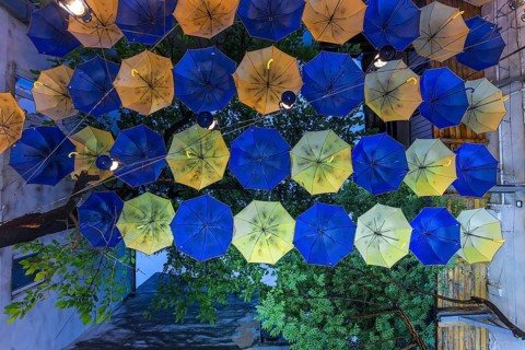 Umbrellas as decoration in a courtyard of a restaurant, Czernowicz, Ukraine