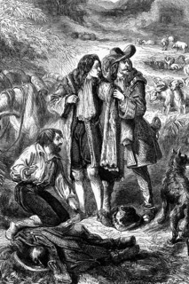 Lord Monmouth exchanges clothes with a shepherd after his defeat at the Battle of Sedgemoor near