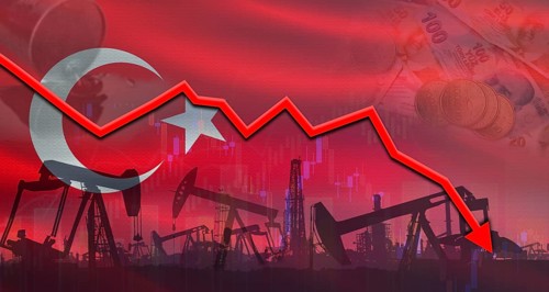 Petroleum crisis with Turkey flag on financial graph. Fall oil price with Turkey flag on economic