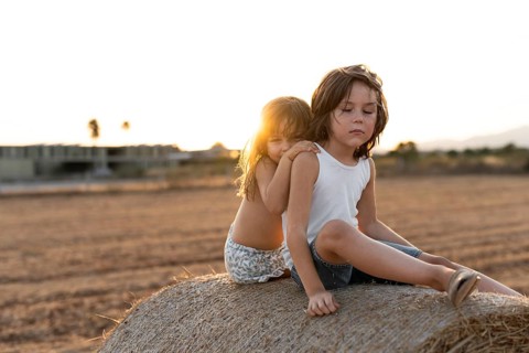 Two young children sitting on a hay bale in a sunlit field. One child hugs the other, creating a