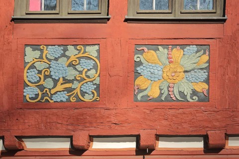 Wood carving with floral motifs, grapes, handicrafts, historic office, half-timbered house,