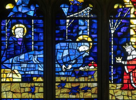 Detail of Nativity stained glass window, Lady Chapel, St Mary Redcliffe Church, Bristol, England,
