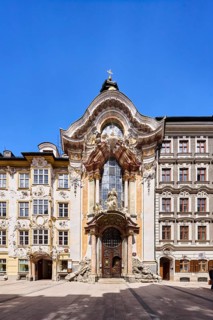 Asamkirche church, late baroque style, Asamhaus, priest house, houses, row of houses, pedestrian