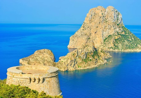 View of Torre des Savinar and Es Vedra island, Ibiza, Balearic Islands, Spain