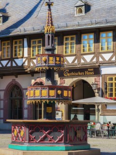 Welfare fountain from 1848 on the market square Wernigerode Harz Germany