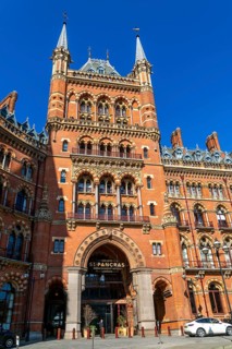 Tower and entrance doorway for St Pancras Renaissance hotel, Euston Road, London, England, UK