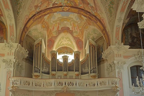 Organ with baroque ceiling fresco by painter Giuseppe Appiani, decorations, interior view, arts and