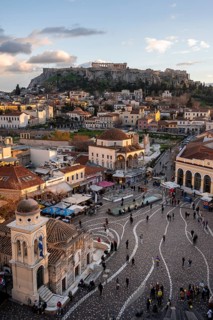 View over the old town of Athens, with Panagia Pantanassa Church, Tzisdarakis Mosque and Acropolis,