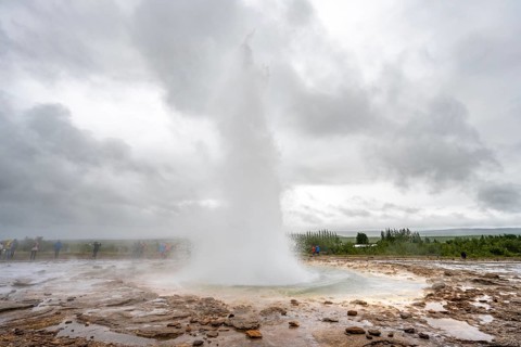 Eruption of the Strokkur geyser, Haukadalur geothermal field, Golden Circle, South Iceland, Iceland