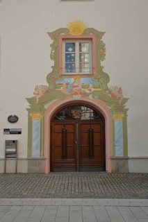 Portal with wall painting and mock architecture, front door, local history museum, Günzburg, Church