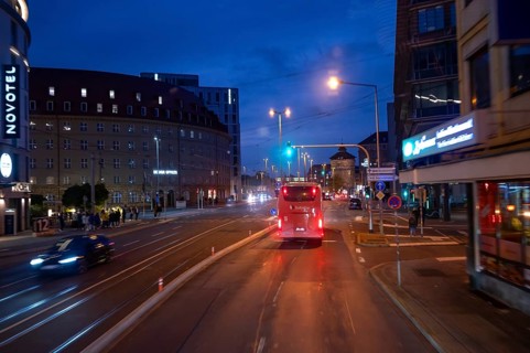 Night-time drive into the city centre of Nuremberg, Middle Franconia, Bavaria, Germany
