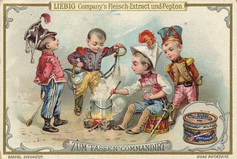Picture series Children playing military, detached to collect food, Liebig picture, digitally